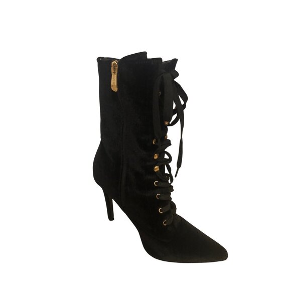 Cape Robbin Velvet Stiletto Victorian Lace up Boots with Pink Embroidered Roses - Picture 7 of 13